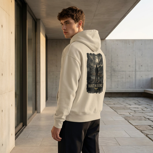A man wearing a cream-colored hoodie with a large dark graphic print on the back, standing in a modern concrete walkway.