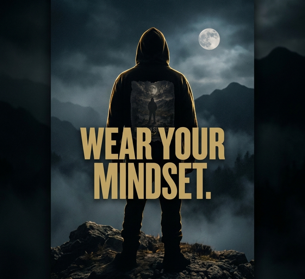 A dark, moody graphic showing a hooded person standing on a rocky cliff at night under a full moon, with large gold text reading 'WEAR YOUR MINDSET.' across the center and smaller text 'RISEANDBEYOND.