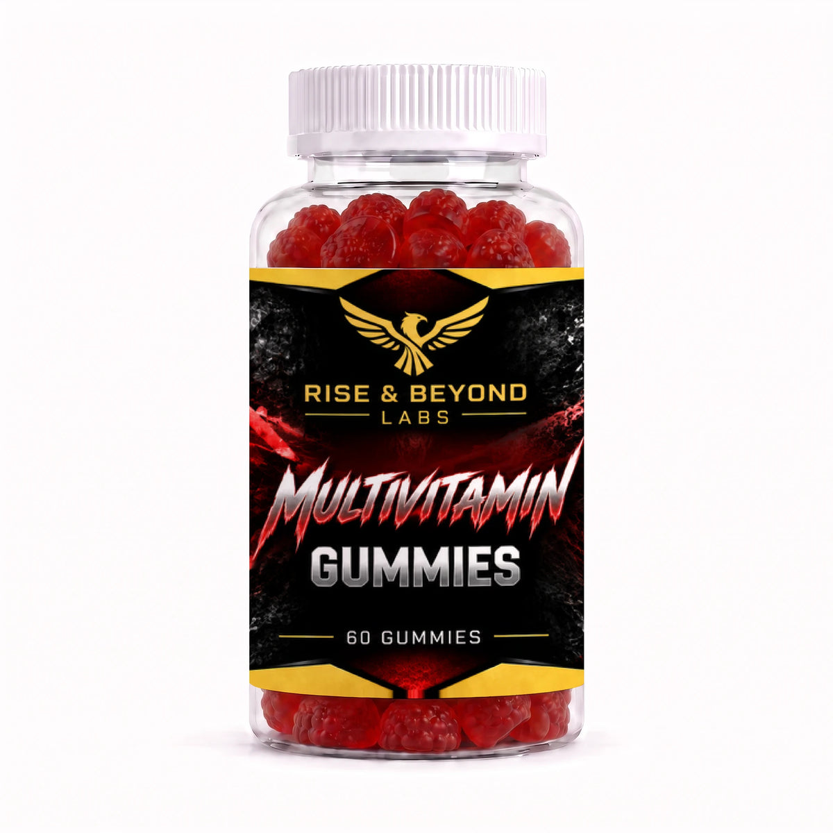 A clear plastic bottle of Rise & Beyond Labs Multivitamin Gummies, filled with red gummy candies, featuring a black label with a gold eagle logo and red and white text, on a white background.