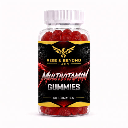 A clear plastic bottle of Rise & Beyond Labs Multivitamin Gummies, filled with red gummy candies, featuring a black label with a gold eagle logo and red and white text, on a white background.